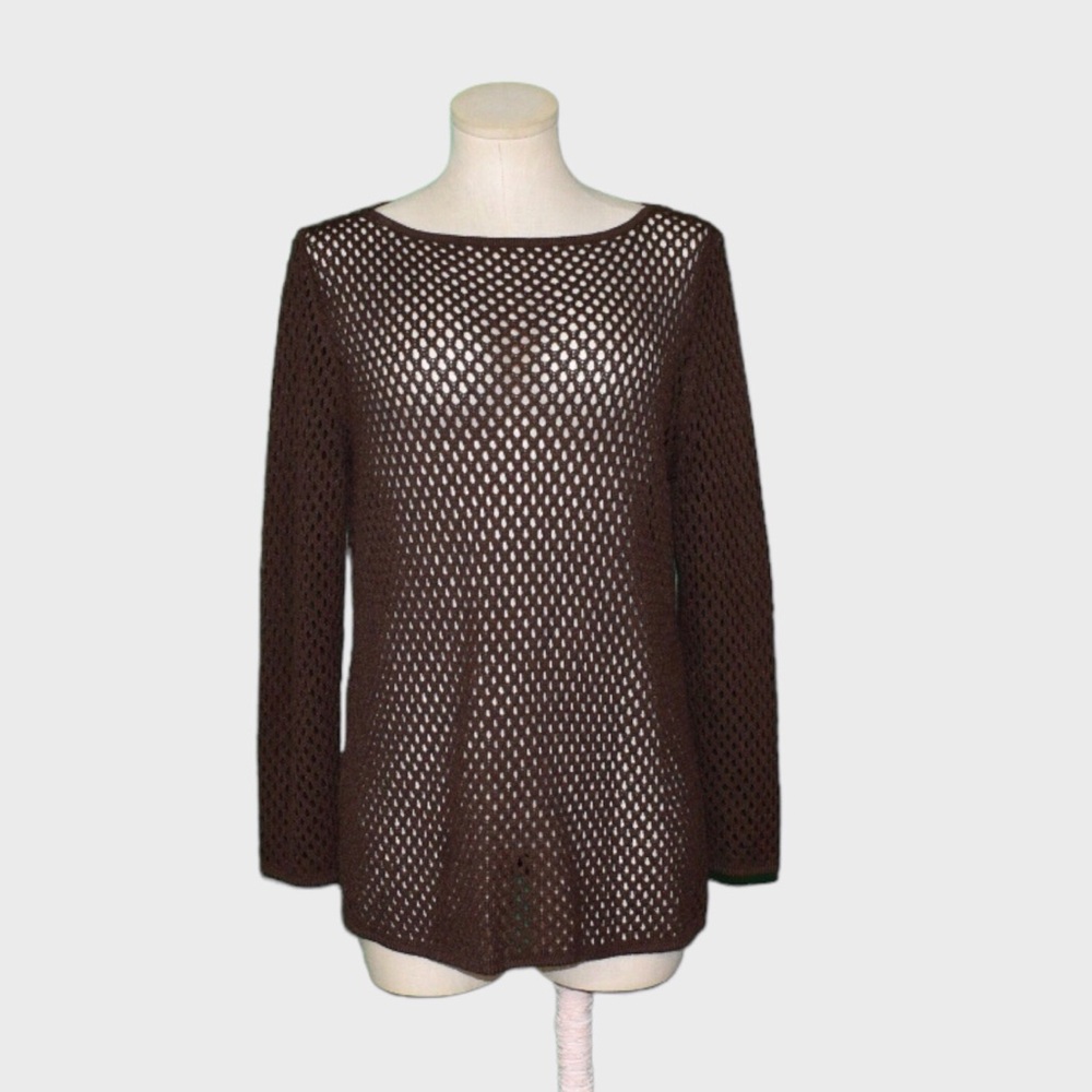 St John Open Knit Crochet Mesh Long Sleeve Sweater Top